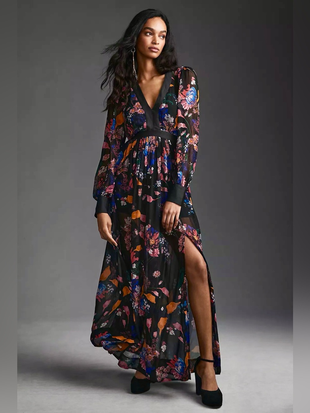 Maeve Anthropologie Deep-V Cutout Back Sheer Floral Maxi Dress Black Romantic 0